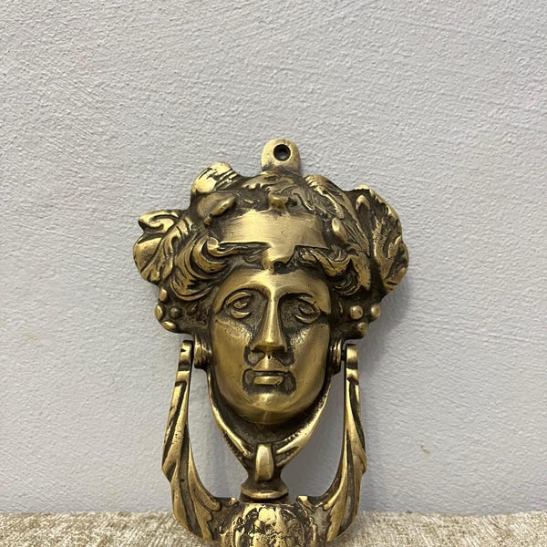 Vintage Solid Brass Door Knocker: Greco-Roman Face, Antique Hardware