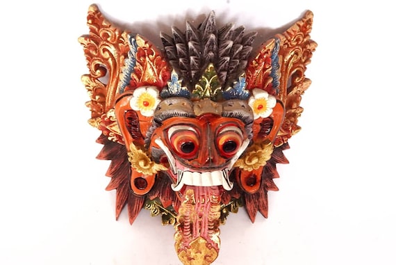 Indonesia Bali Black Rangda Wooden Mask Mythology Wall Art Hanging 8 inches 
