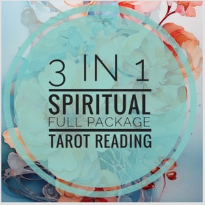 以下が含まれることがあります： ピンク、ブルー、ホワイトのウォーターカラーの花を背景に、ターコイズブルーの円の中に「3 IN 1 SPIRITUAL FULL PACKAGE TAROT READING」というテキストが書かれています。