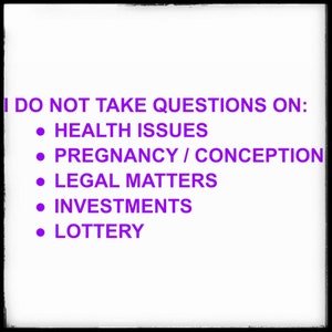 May include: Purple text on a white background lists topics that the user will not answer questions about. The topics include health issues, pregnancy and conception, legal matters, investments, and lottery.