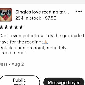 May include: Five star review for a tarot reading service. The review reads "Can't even put into words the gratitude I have for the readings. Detailed and on point, definitely recommend!" The reviewer's name is Jess and the date is August 2.
