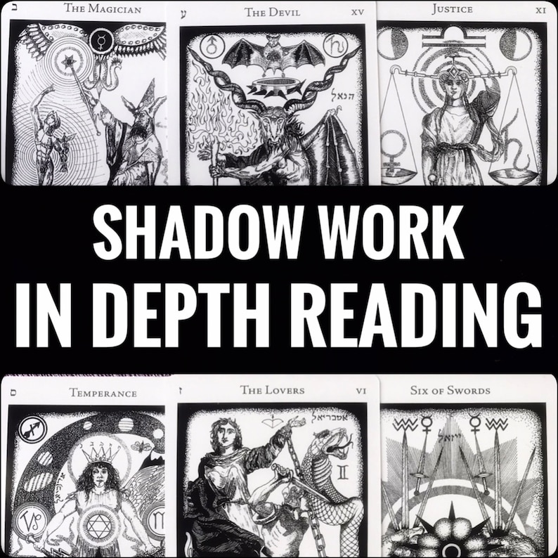 K&ouml;nnte beinhalten: Schwarz-Wei&szlig;-Tarotkarten mit Illustrationen von Der Magier, Der Teufel, Gerechtigkeit, M&auml;&szlig;igkeit, Die Liebenden und Sechs Schwerter. Der Text "SHADOW WORK IN DEPTH READING" wird in gro&szlig;en wei&szlig;en Buchstaben angezeigt.