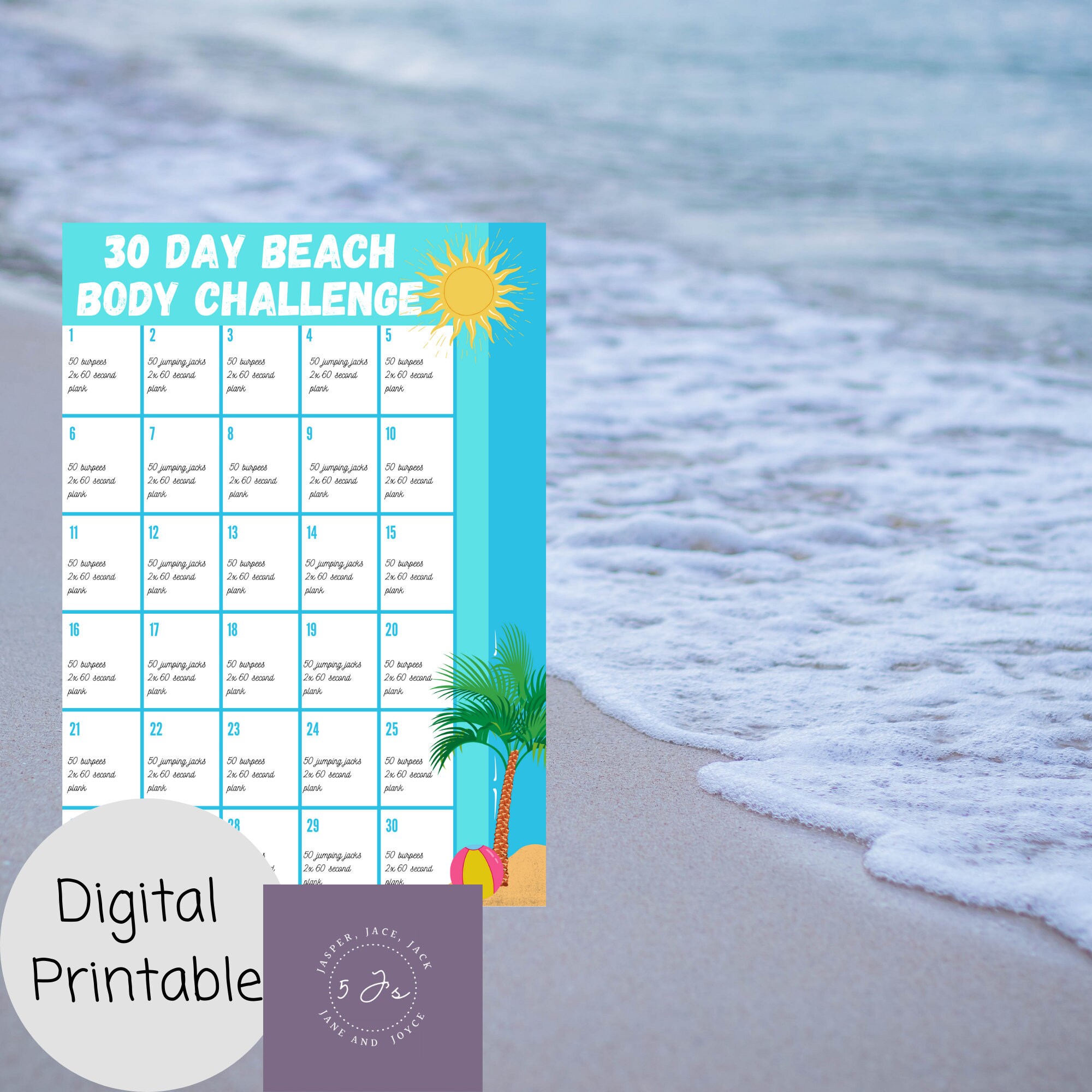 30 Day Beach Body Challenge digital printable summer | Etsy