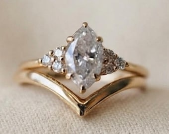 14K Gold Marquise Cut Moissanite Diamond Ring Set, Chevron Wedding Anniversary Gift For Women, V-Shape Curved Stacking Band