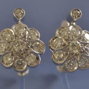 Floral Motif Dangle Latch Back Earring, Cluster Set Round Cut Moissanite Diamond Earring, Antique Art Deco Wedding Earring, Vintage Earring
