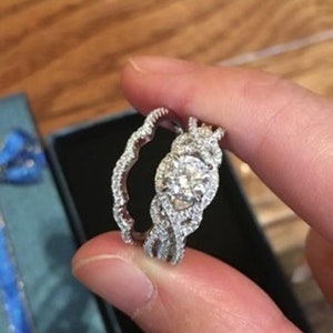 Stackable 2 Piece Unique Ring Set, Women&#39;s Silver Or Gold Ring Set, Round Moissanite Diamond Bridal Ring Set, Wedding Engagement Ring Set