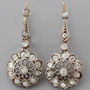 Antique Floral Design Dangle Earring, Round Cut Moissanite Diamond Vintage Earring, Art Deco Lever Back Earring, Retro Drop & Dangle Earring
