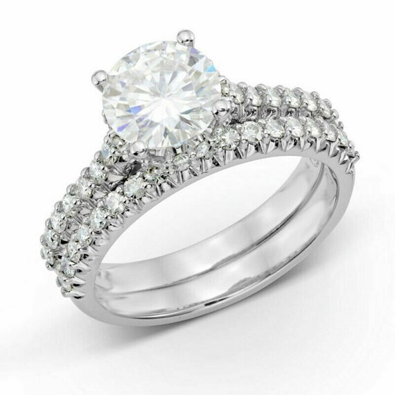 Stunning Round Cut Diamond Ring Set Engagement Diamond Ring Etsy