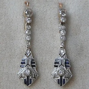 Vintage Art Deco Style Wedding Earring, Blue Sapphire Baguette & Round Cut CZ Stone Dangle Earring, Two Tone Dangle Retro Earring For Women