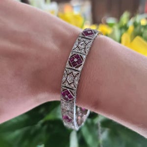 Vintage Style Ruby Bracelet, Pink Princess & Round CZ Stone Edwardian Bracelet, Wedding Bracelet For Bride, Milgrain Bracelet, Gift For Her