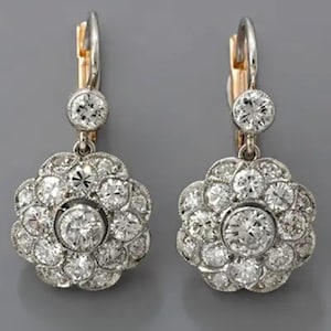 Bezel Set Round Moissanite Diamond Floral Earring, Antique Halo Art Deco Lever Back Earring, Two Tone Gold Vintage Style Cluster Earring