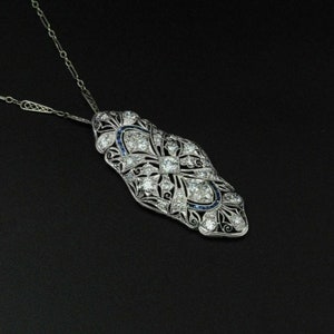 Antique Filigree Vintage Inspire Link Chain Necklace,Round & Sapphire Baguette CZ Stone Necklace, Art Deco Pendant Necklace,Anniversary Gift