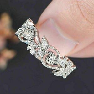 Unique Art Deco Wedding Band Ring, Round Moissanite Diamond Milgrain Filigree Band, Vintage Style Engagement Band, Anniversary Gift For Wife