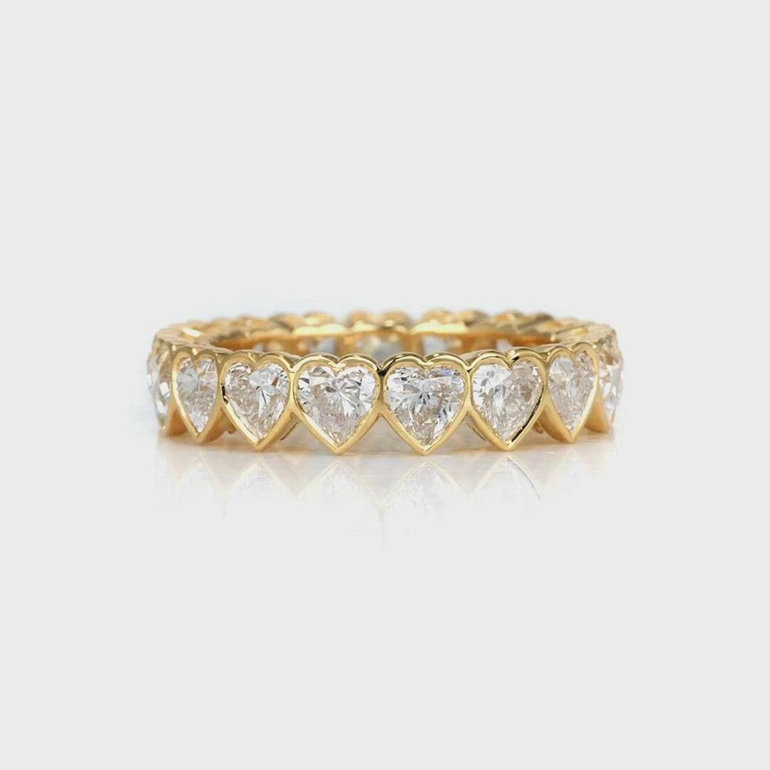 14K Yellow Gold Full Eternity Band, Bezel Set Heart Cut CZ Stone Band ...