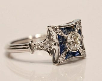 Old European Cut CZ Stone Edwardian Ring, Milgrain Bezel Set Art Deco Ring, Antique Victorian Sapphire Ring, Vintage Inspire Wedding Ring
