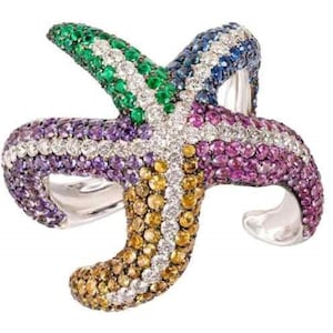 Ocean &quot;Starfish&quot; Open Gap Ring, Multi Color Round CZ Stone 925 Silver Ring, Women&#39;s Cocktail Party Wear Ring, Aquatic Animal Inspired Ring