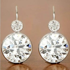 Two Stone Drop Earring, Old European Cut Moissanite Diamond Dangle Drop Earring, Milgrain Bezel Set Earrings, 18K Gold Lever Back Earring
