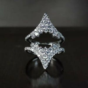 Deep V Shape Enhancer Guard Band Ring, Round Moissanoite Diamond Wrap Guard Band Ring, Matching Jacket Band, Open Gap Wedding Band Ring
