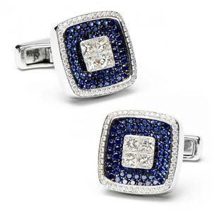 Blue Sapphire Shirt Cufflink, Round & Princess Cut CZ Stone Whale Back Cufflink, Men's Wedding Suits Cufflink, Studded Gemstone Cufflink