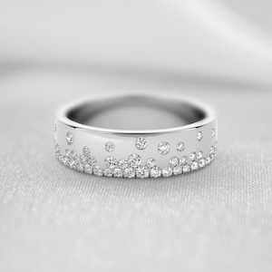 Flush Set Round Cut Moissanite Diamond Band, Scatter Full Eternity Wedding Band, 14K White Gold Engagement Band, Proposal Band, Promise Band