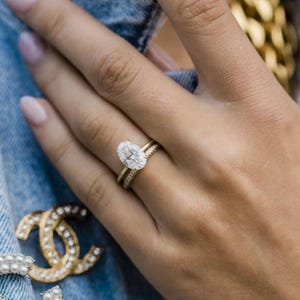 14K Yellow Gold Stackable Ring Set, Oval And Round Cut Moissanite Diamond Ring Set, Engagement Ring Set, Wedding Bridal 2 Piece Ring Set