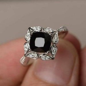 8.00 MM Black Cushion Cut Moissanite Diamond Wedding Ring, Daily Wear Leaf Inspire Round Halo Diamond Ring, Proposal Ring For Her