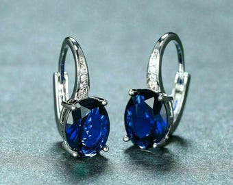 Blue Sapphire Oval Stone Earring, Lever Back Gemstone Earring, White Gold Birthstone Earring, Hoop-Huggie Earring, Anniversary Gift For Wife