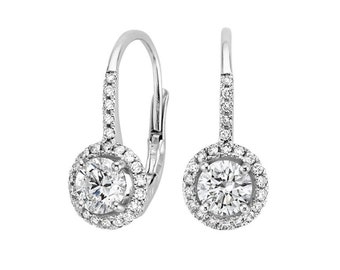 Leverback Dangle Earring, Halo Diamond Drop Earring, Classic Round Cut Moissanite Diamond Earring, Wedding Gift Earring, Valentine Gift