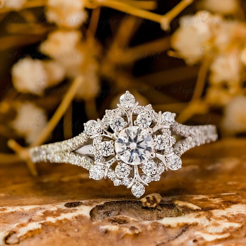 Antique Snowflake Ring, Round Cut Moissanite Diamond Engagement Ring