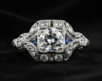 Anello di fidanzamento in stile vintage con pietra CZ taglio Old European, anello antico Art Deco con lavorazione milgrain, anello d'ispirazione vintage per donna, anello da sposa.