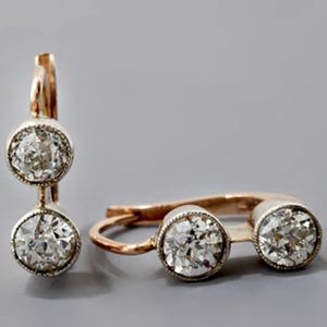 Old European Cut Moissanite Diamond Dangle Earring, 14K Rose Gold Lever Back Drop Earring, Hoop-Huggie Vintage Earring, Two stone Earring