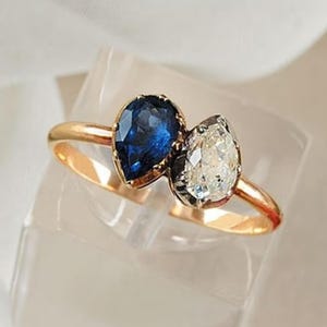 Two Stone Wedding Ring, Blue & White Pear Cut CZ Stone Ring, Toi Et Moi Engagement Promise Ring, Up Down Teardrop Ring, Valentine&#39;s Gift