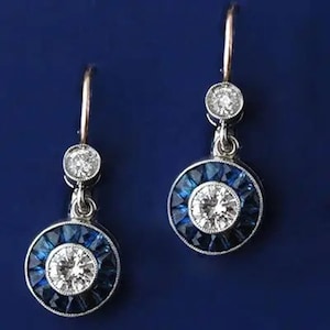 Sapphire Vintage Look Dangle Drop Earring, Blue Baguette & Round Cut CZ Stone Retro Earring, Two Tone Lever Back Earring, Wedding Earring