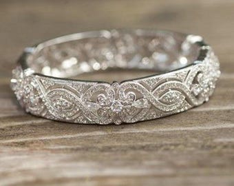 Vintage Style Wedding Band, Pear & Round Cut Moissanite Diamond Band, Full Eternity Art Deco Band, 14K White Gold Engagement Band For Her