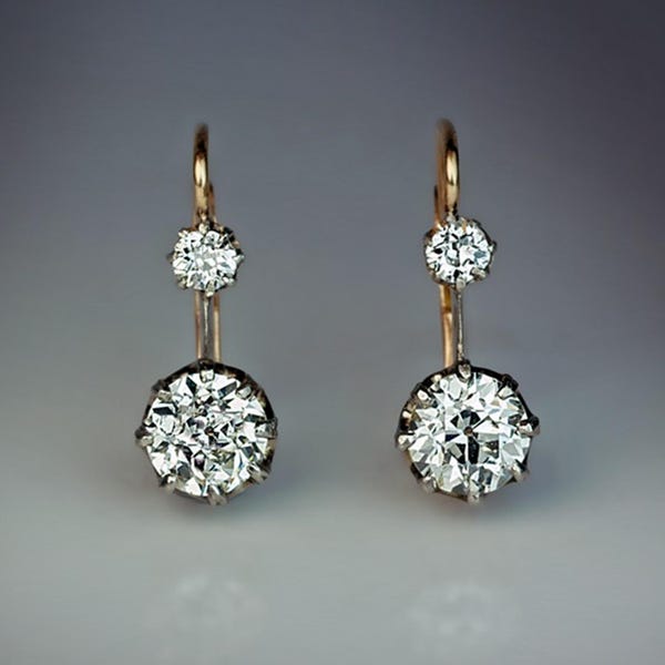 Circa 1910 Edwardian Drop Dangle Earring, Old European Cut Moissanite Diamond Drop Earring, 14K Gold Lever Back Earring, Art Deco Earring