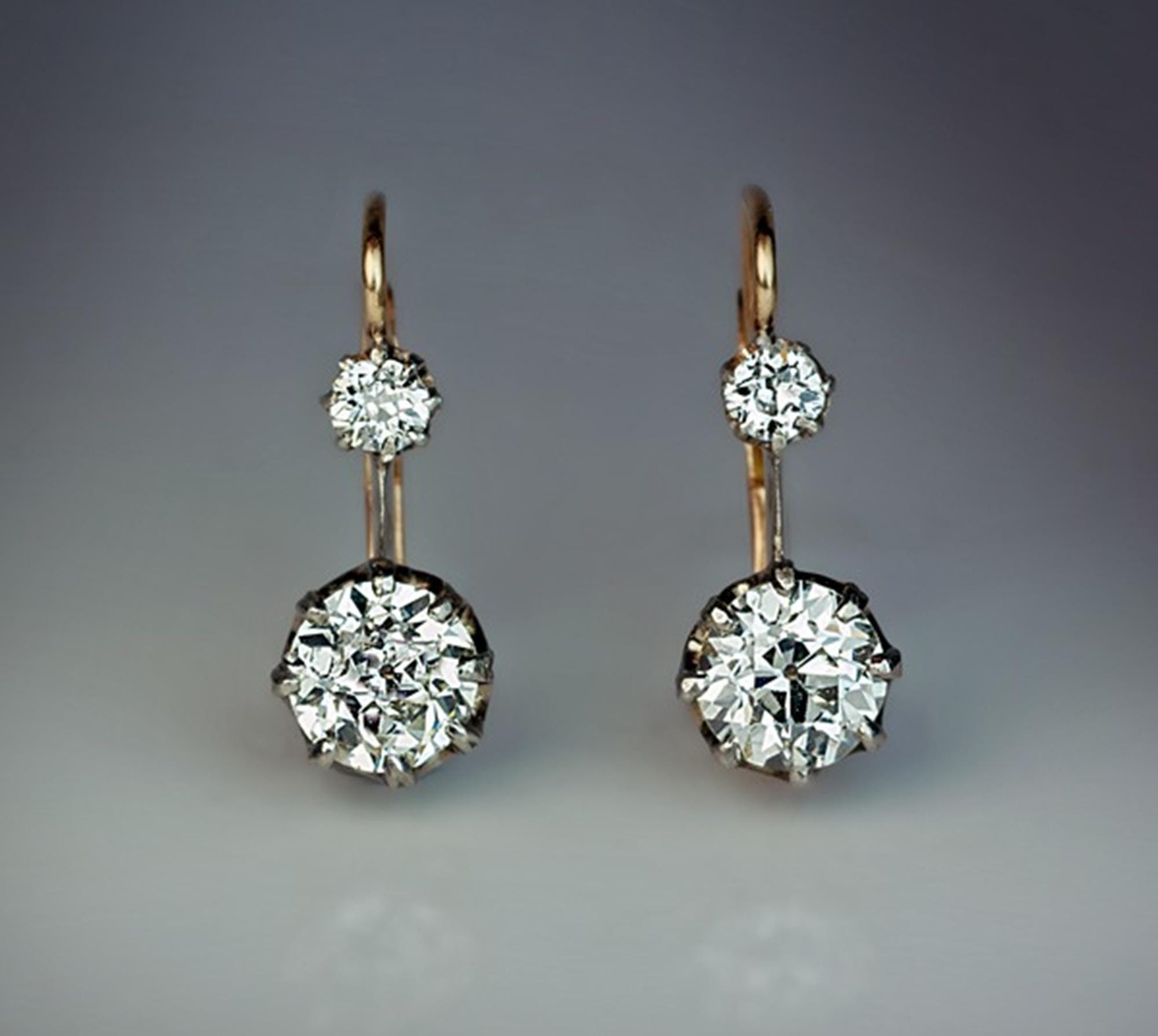 Circa 1910 Edwardian Drop Dangle Earring, Old European Cut Moissanite Diamond Drop Earring, 14K Gold Lever Back Earring, Art Deco Earring