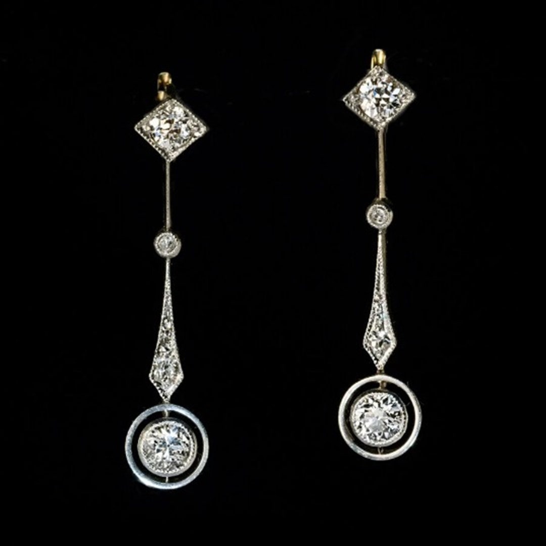 Art Deco Drop Earring, Round Moissanite Diamond Vintage Earring, Antique Retro Wedding Earring