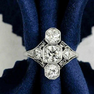 Five Stone Vintage Style Ring, Old European Cut Moissanite Diamond Art Deco Ring, Openwork Filigree Ring, Antique Mid Century Ring For Her