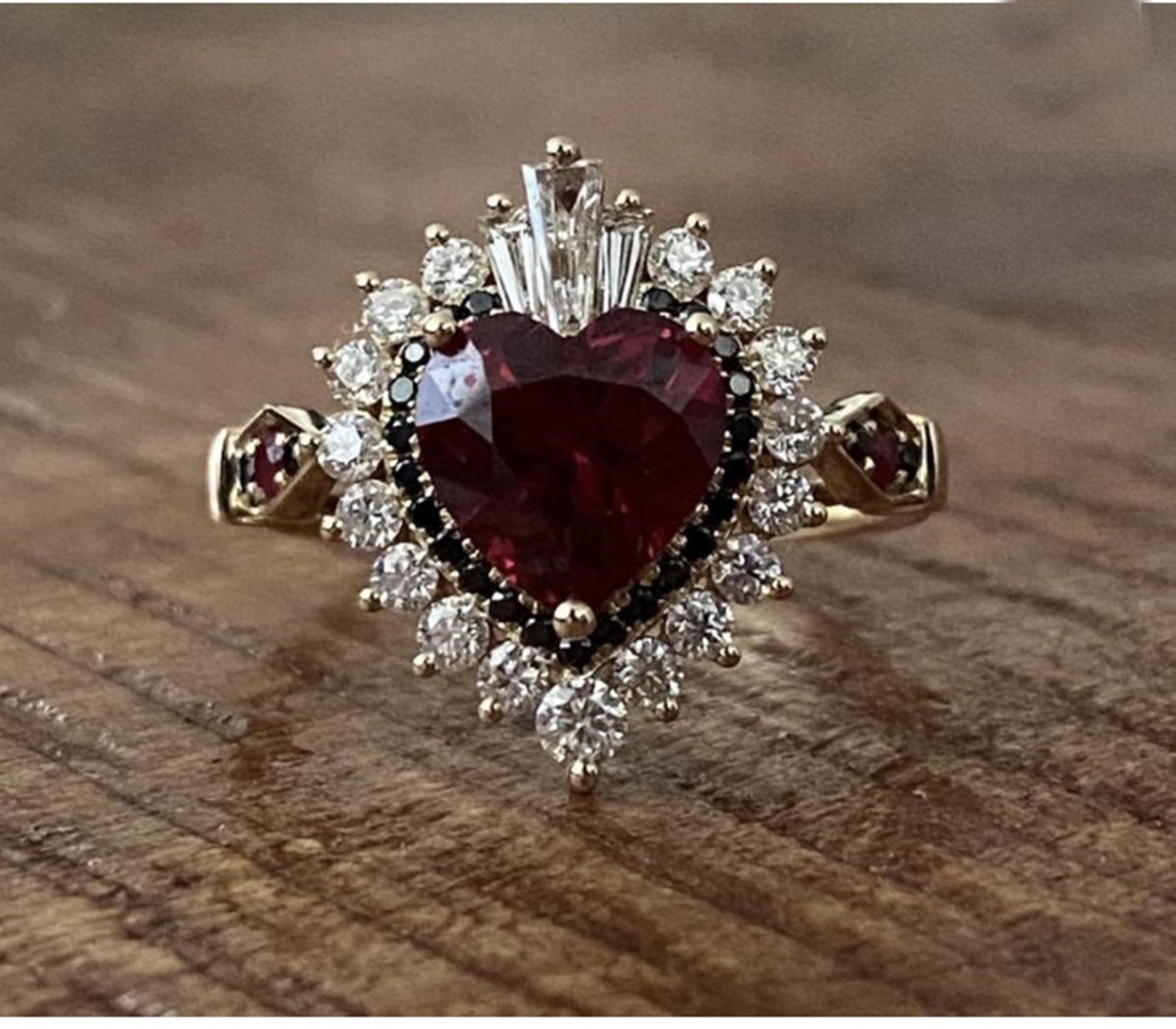 Red Garnet Heart Cut CZ Stone Engagement Ring, Sunburst Halo Wedding Ring, Gemstone Ring, Valentine's Gift Ring, Anniversary Gift For Wife