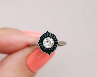 Anillo Art Déco con baguette negra y circonita cúbica de talla europea antigua, anillo de compromiso con halo de inspiración vintage, regalo de aniversario para esposa, regalo de Navidad
