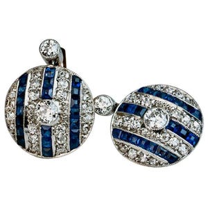 Circa 1920s. Art Deco Sapphire Dangle Drop Earring, Blue Baguette & Old European Cut CZ Stone Earring, 14K Rose Gold Vintage Style Earring