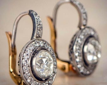 Bezel Set Old European Cut Moissanite Diamond Earring, Antique Halo Art Deco Earring, Two Tone Gold Vintage Style Earring, Edwardian Jewelry