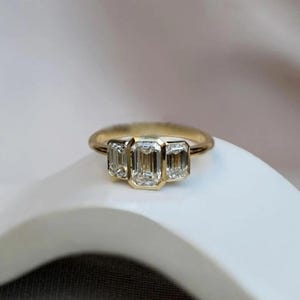 Bezel Set Three Stone Minimalist Ring, Emerald Cut Moissanite Diamond Trilogy Ring, Dainty Promise Ring For Her, Wedding Anniversary Gift