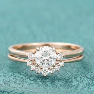 10K Rose Gold Round Moissanite Diamond Ring Set, Curved Wedding Bridal Ring Set, Proposal Ring Set, Anniversary Gift Ring Set For Wife