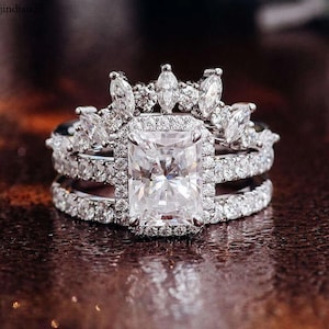 Conjunto de anéis de diamante moissanite incolor com corte radiante e marquesa, conjunto de anéis de casamento trio, conjunto de anéis empilháveis de 3 peças, conjunto de anéis para festa