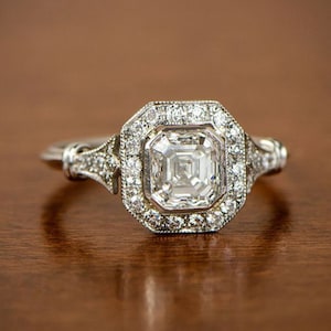 6MM Asscher Cut Moissanite Diamond Ring, Milgrain Halo Engagement Ring, Art Deco Wedding Ring, Woman&#39;s Vintage Style Ring, Antique Jewelry