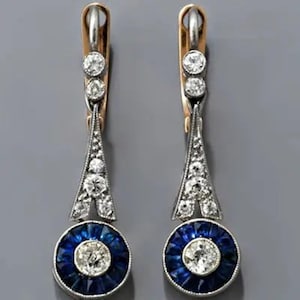 Edwardian Sapphire Dangle Drop Earring, Blue Baguette & Round Cut CZ Stone Two Tone Earring, Vintage Lever Back Earring, Art Deco Earring