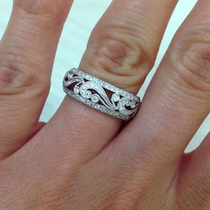 Openwork Filigree Band, Round Moissanite Diamond Milgrain Band, Anniversary Gift, Antique Edwardian Ring, Art Deco Vintage Style Band