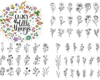 200 Mini Flower Designs, Fine Line Tattoo, Doodle Art, PNG, SVG, EPS, Clipart