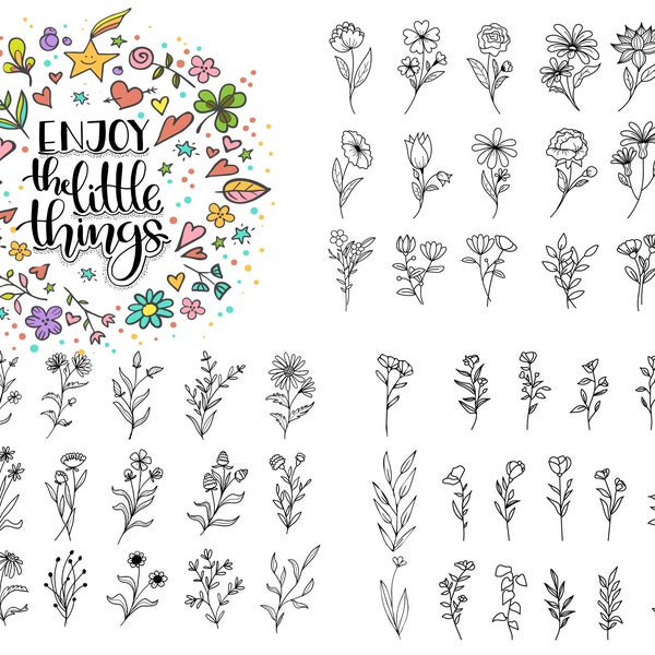 12 feuilles de mini tatouages de fleurs, tatouage au trait fin, tatouage mignon, téléchargement numérique, PNG, SVG, EPS, tatouage au doigt, peuvent être ouverts dans Procreate.